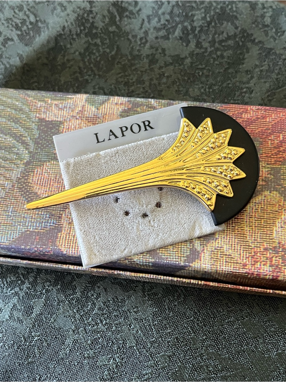 Vintage 80s Lapor Gold Tone Art Deco Brooch Black Enamel Geometric Statement Pin